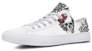 White Red Rose & Black Skull Sneakers - Artistic Streetwear Kicks