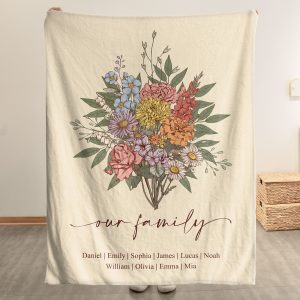 Family Boho Birth Flower Bouquet Flowers Gift For Mom, Grandma, Family - Personalized Blanket Big Size